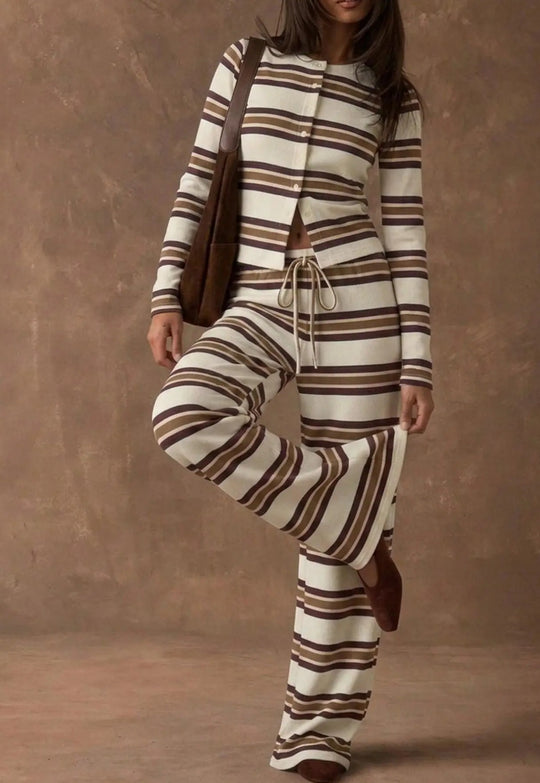 Damen Gestreiftes Strick-Lounge-Set mit tailliertem Knopfcardigan und weitem Palazzohose Nord Taschen