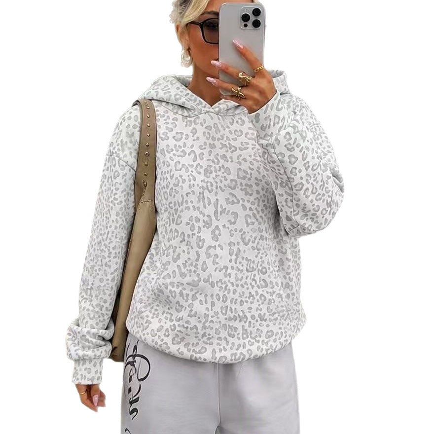 Damen Lockerer Kapuzenpullover im Leoprint mit Oversize-Schnitt Nord Taschen