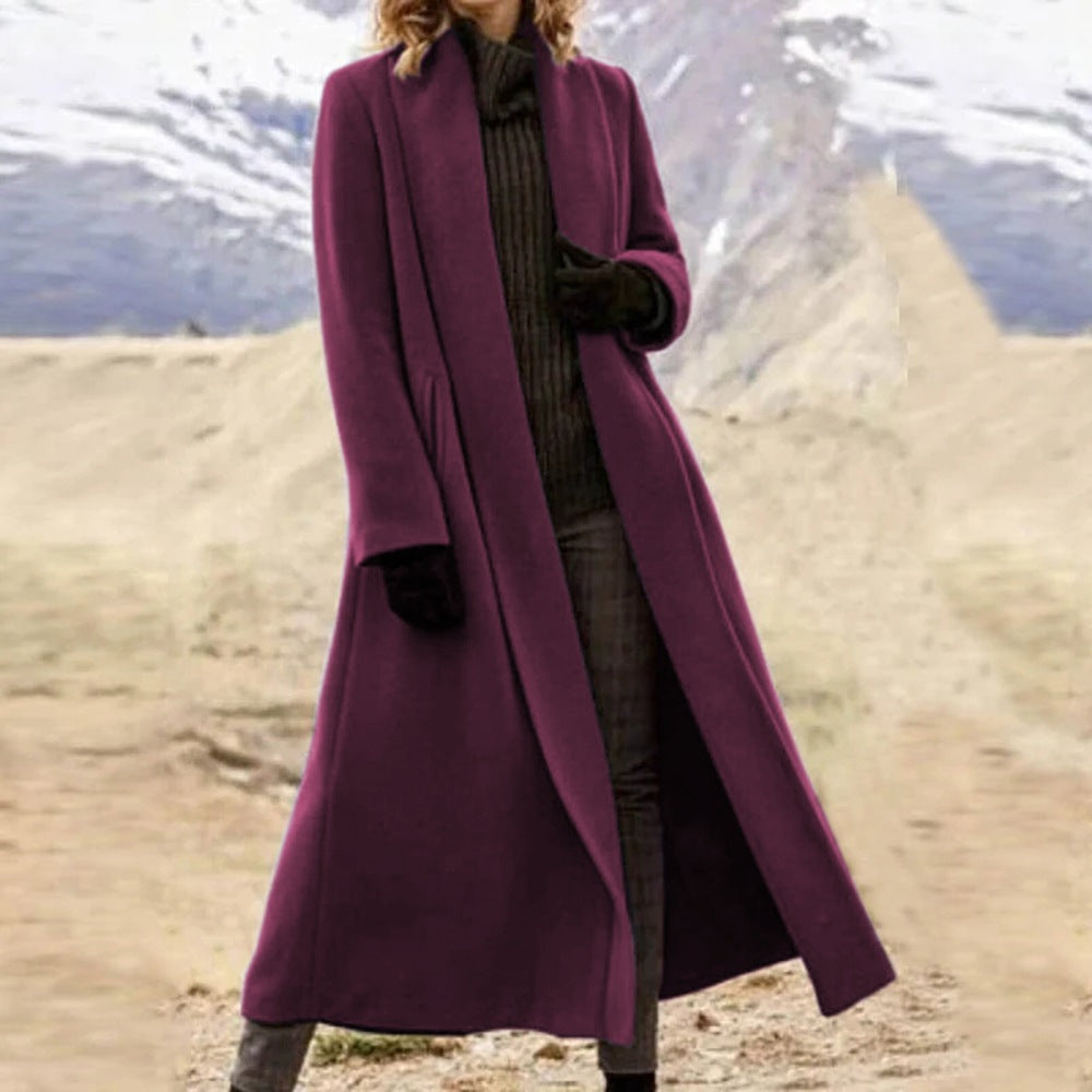 Damen eleganter langer Wollmix-Mantel mit offenem Fall und seitlichen Eingrifftaschen Nord Taschen