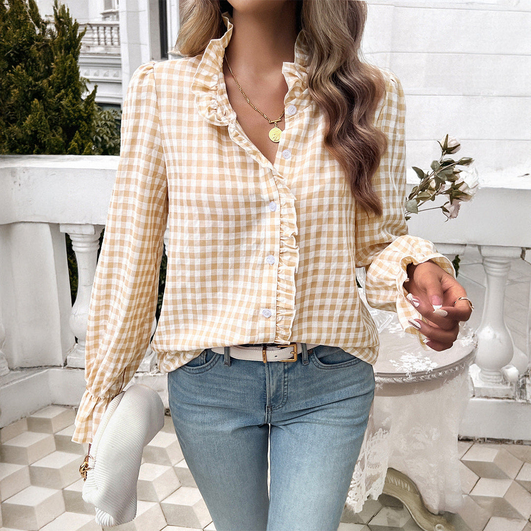 Damen Karierte Bluse mit Rüschendetails und Knopfleiste
