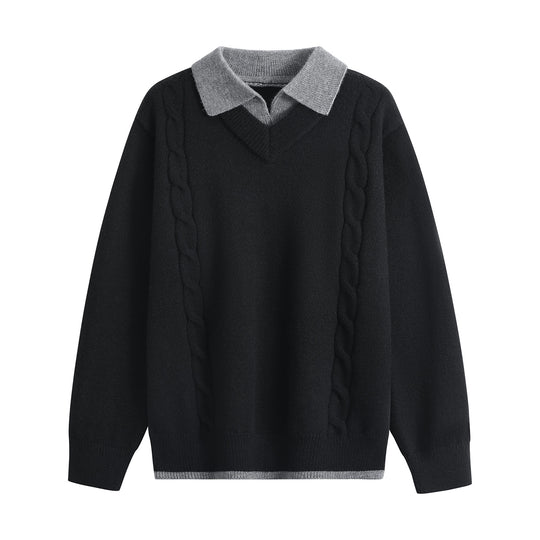 Damen Oversize-Pullover mit V-Ausschnitt, kontrastierendem Polokragen & Zopfstrick-Details Nord Taschen