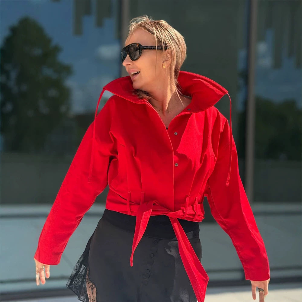 Damen Oversize Kurzjacke mit Taillengürtel und Hemdkragen Nord Taschen