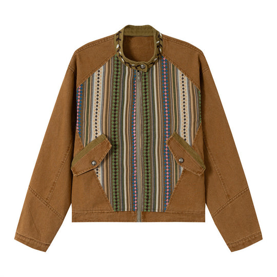 Damen Kurzer Canvas-Blouson mit gewebter Ethno‑Streifenfront und Pattentaschen Nord Taschen