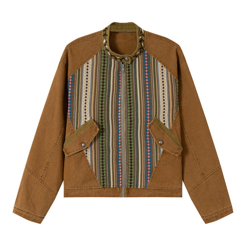 Damen Kurzer Canvas-Blouson mit gewebter Ethno‑Streifenfront und Pattentaschen Nord Taschen