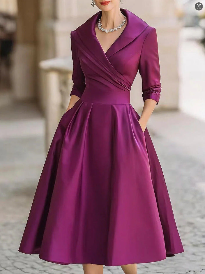 Damen Elegantes Satin-Midikleid mit Wickeloberteil, mittellangen Ärmeln und Eingrifftaschen Nord Taschen