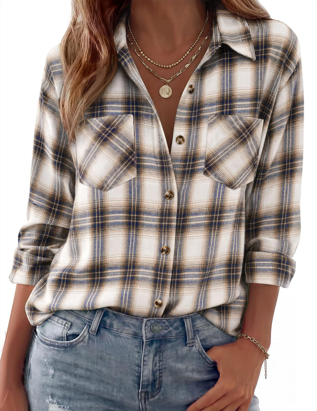 Damen Karierte Oversize-Hemdjacke aus Flanell mit Brusttaschen Nord Taschen