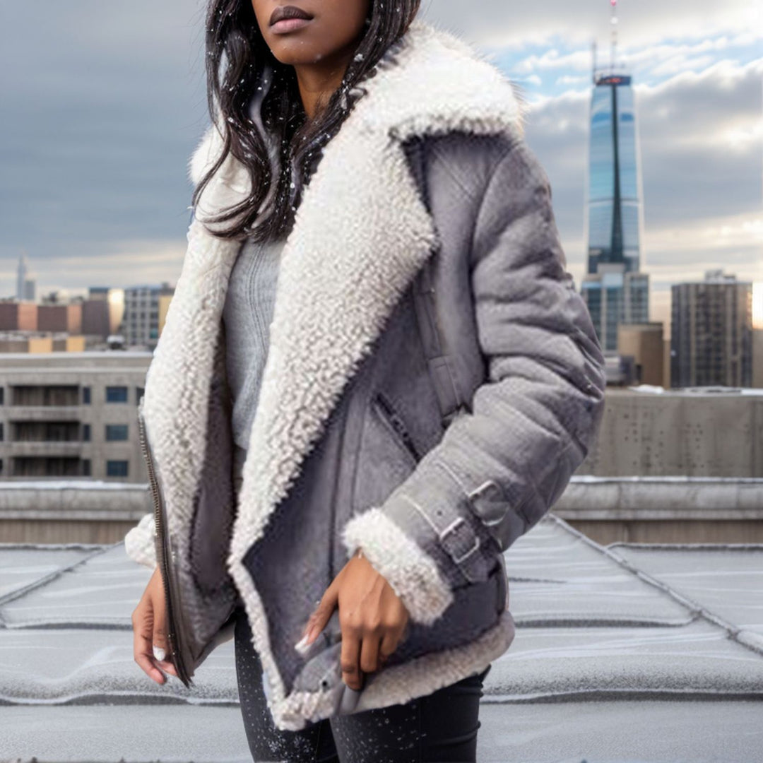 Damen Kurze Fliegerjacke mit Teddyfutter, weichem Lammfellkragen und Reißverschluss Nord Taschen
