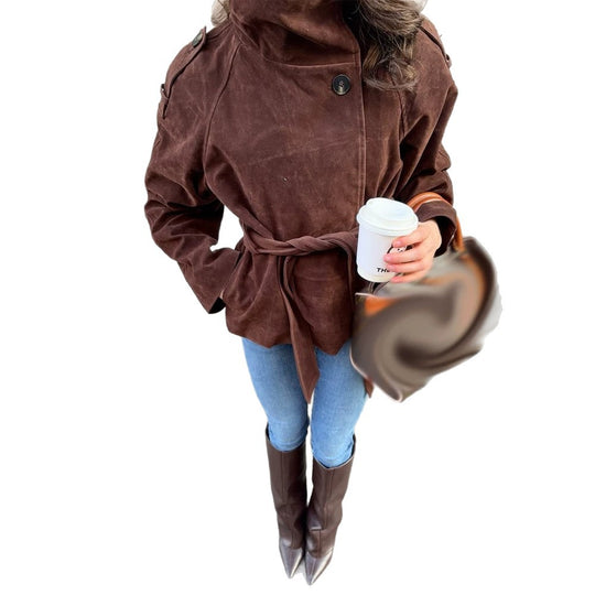 Damen Kurzjacke aus Veloursleder mit hohem Stehkragen und Bindegürtel Nord Taschen