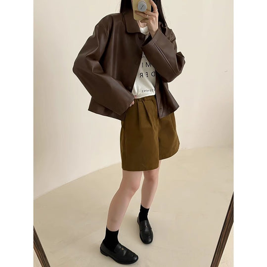 Damen Boxy‑Kunstleder‑Hemdjacke mit verdeckter Knopfleiste und überschnittenen Schultern Nord Taschen