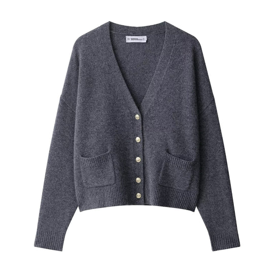 Damen Oversize-Wollmix-Cardigan mit V-Ausschnitt, goldfarbenen Zierknöpfen und aufgesetzten Taschen Nord Taschen