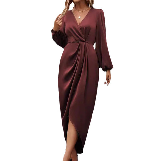 Damen nan tailliertes Drapé-Midikleid mit V-Ausschnitt Raffung Ballonärmeln und seitlichem Wickelschlitz