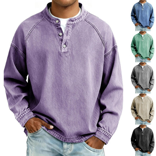 Herren Langarm-Henley Sweatshirt mit Stehkragen und Vintage-Denim-Effekt Nord Taschen