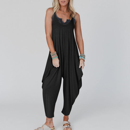 Damen bequemer Jumpsuit mit lässigem Schnitt und tiefem V-Ausschnitt Nord Taschen