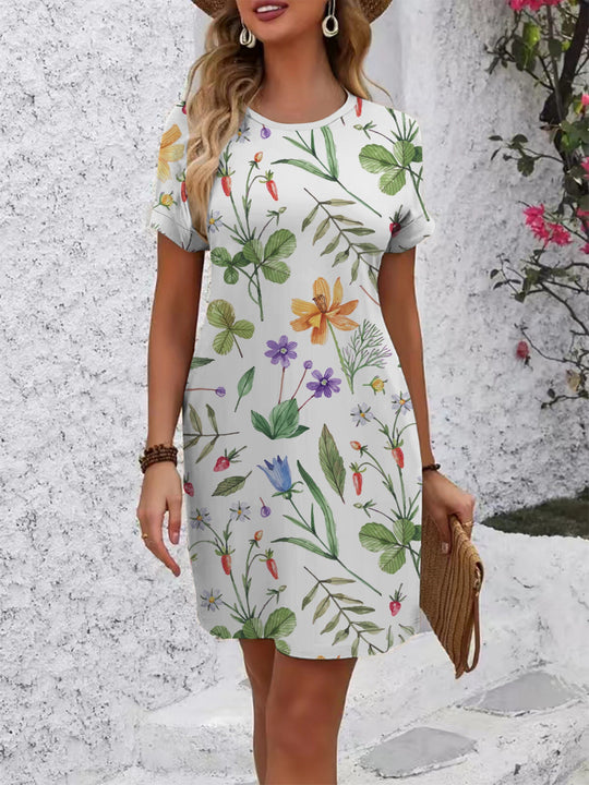 Damen Kurzarm Kleid mit botanischem Druck