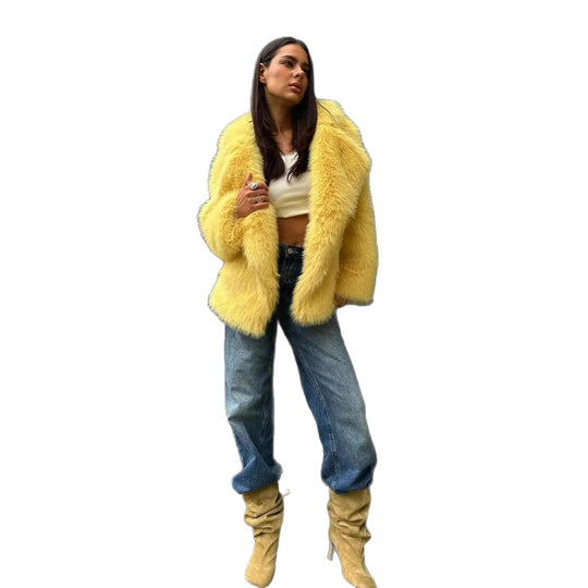 Damen Kurzer Oversize Kunstpelz-Mantel mit voluminösem Schalkragen Nord Taschen