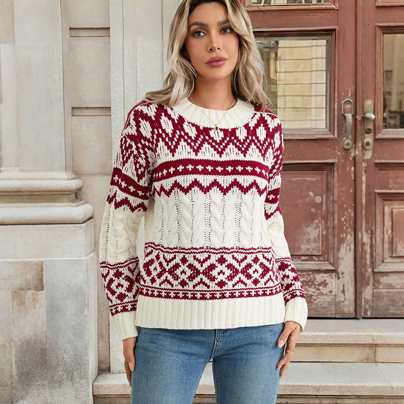 Damen Gemusterter Norweger-Pullover mit Zopfstrick und Rippbündchen Nord Taschen