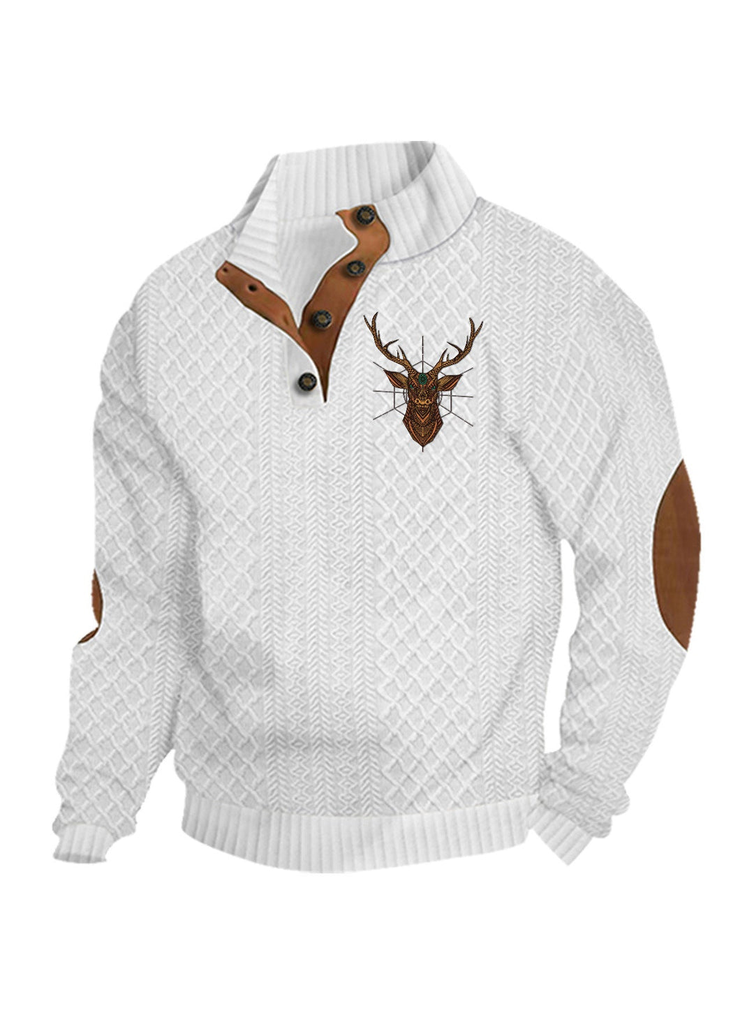 Herren nan Heritage-Strukturpullover mit Stehkragen Lederimitat-Besatz Ellenbogen-Patches und Halbknopfleiste
