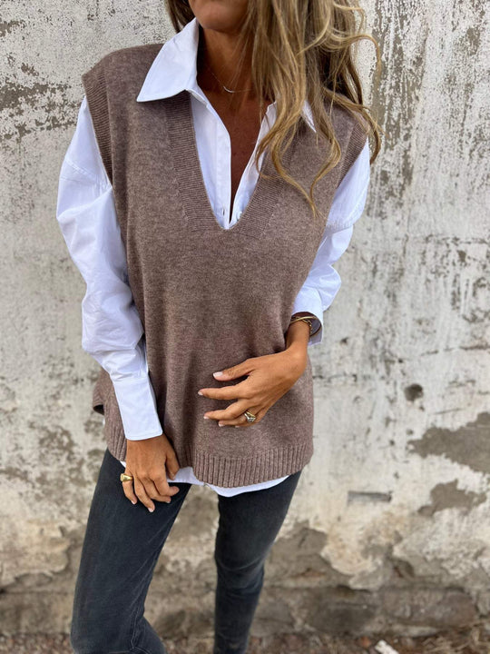 Damen lässiger Strickpullover mit V-Ausschnitt