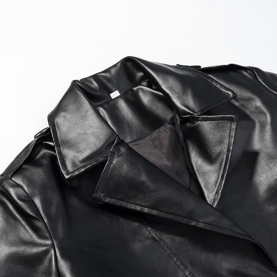 Damen Langer Trenchcoat aus Lederoptik mit Bindegürtel und Epauletten Nord Taschen