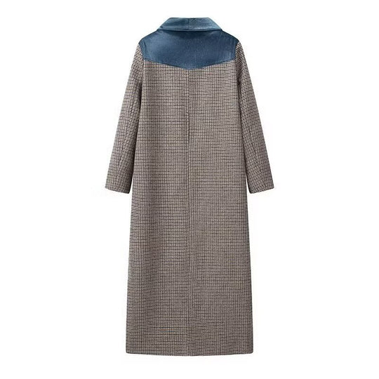 Damen langer Wollmix-Mantel mit Samt-Schalkragen und Leistentaschen Nord Taschen