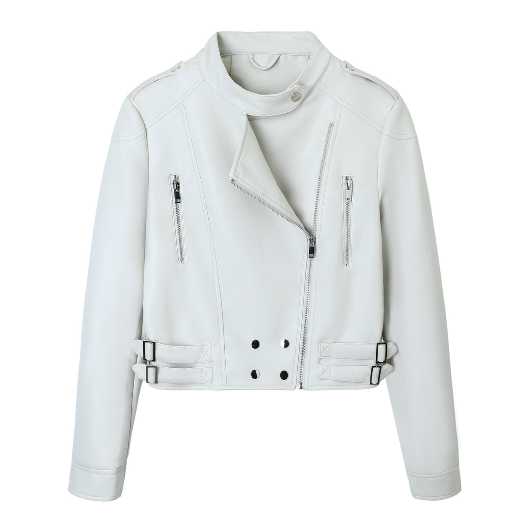 Damen Cropped Bikerjacke aus Kunstleder mit Stehkragen, Ziernähten und Doppel-Schnallen Nord Taschen