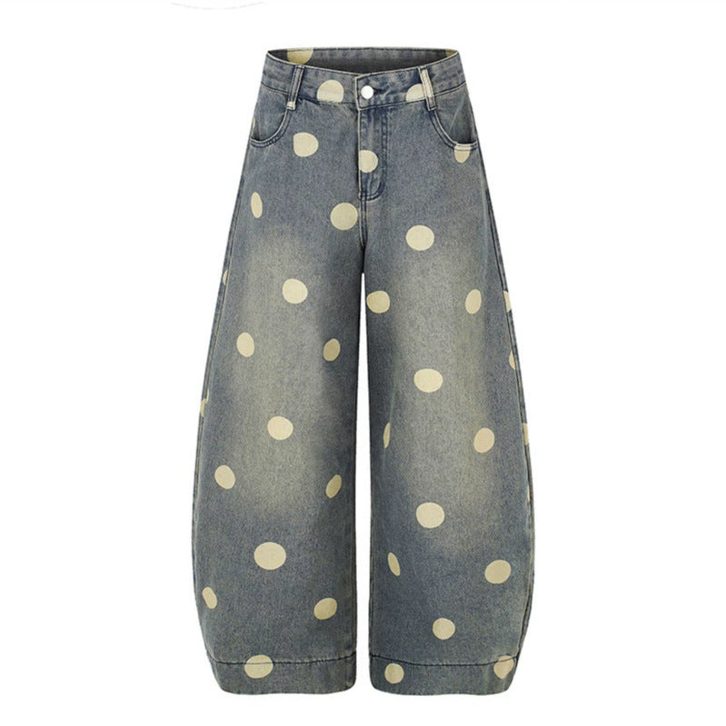 Damen Weite Jeans-Culotte im Palazzo-Stil mit hohem Bund und Punktmuster Nord Taschen