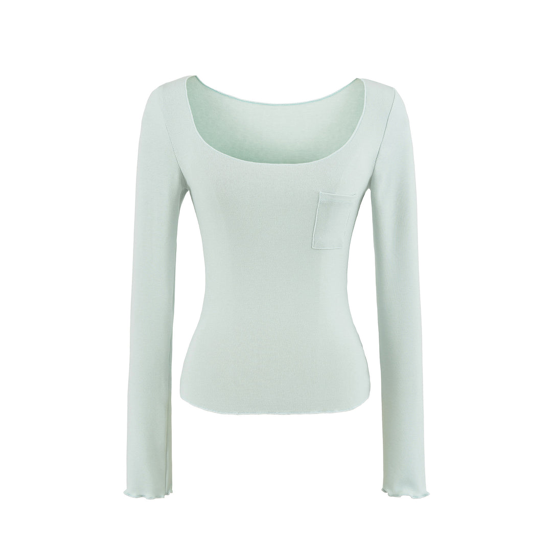 Damen Figurbetontes geripptes Langarmshirt mit weitem Quadrat-Ausschnitt und Brusttasche Nord Taschen