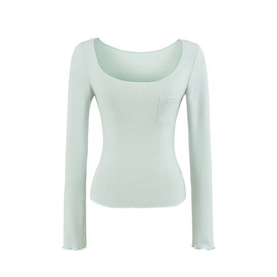 Damen Figurbetontes geripptes Langarmshirt mit weitem Quadrat-Ausschnitt und Brusttasche Nord Taschen
