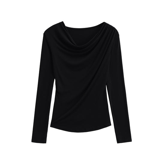 Damen Wasserfallkragen Langarmshirt mit Drapierung und taillierter Wickeloptik Nord Taschen