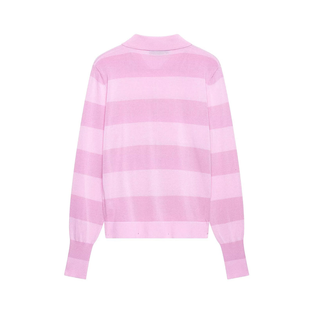 Damen Gestreifte Feinstrick-Cardigan mit Polokragen und bezogenen Knöpfen Nord Taschen