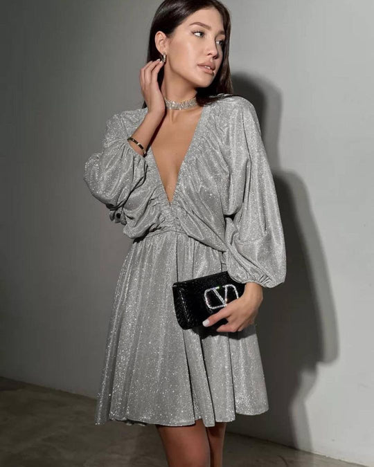 Damen Glitzerndes Abendkleid mit tiefem V Ausschnitt, Ballonärmeln und taillenbetonter Glockenrock Nord Taschen