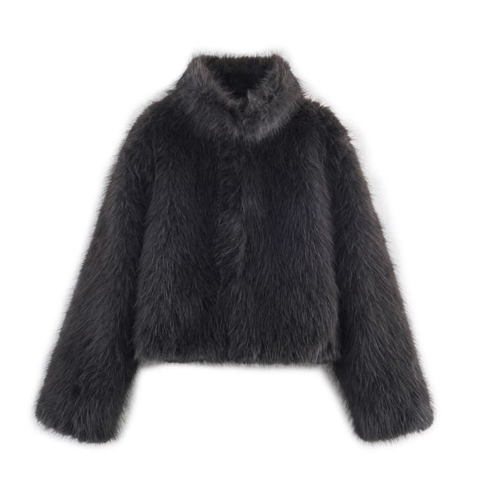 Damen Kurze Faux‑Fur‑Jacke mit Stehkragen und Boxy‑Schnitt Nord Taschen
