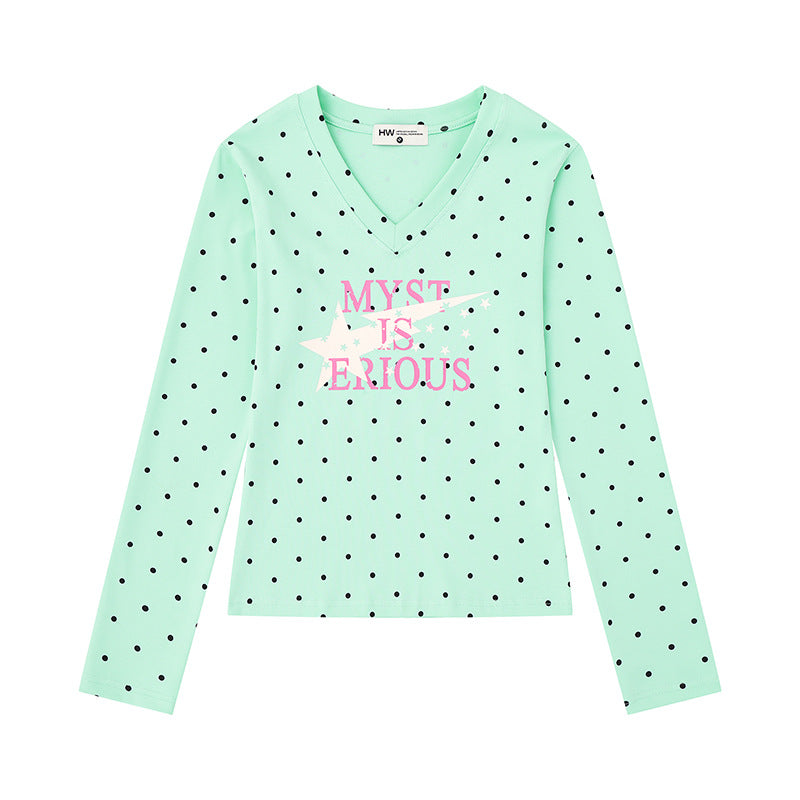 Damen Langarmshirt mit V-Ausschnitt, Polka-Dots und Statement-Print aus Baumwolljersey Nord Taschen