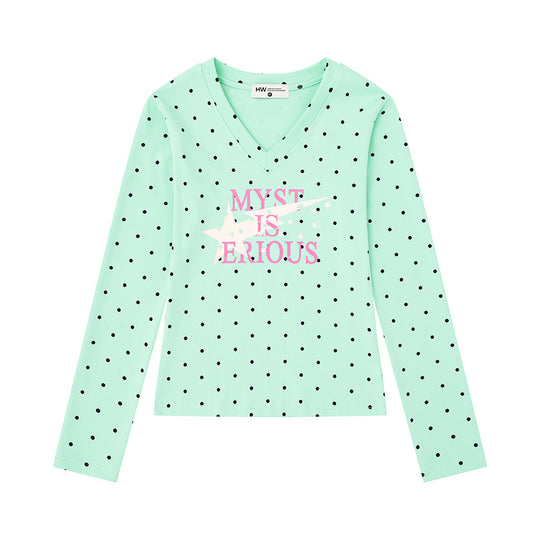 Damen Langarmshirt mit V-Ausschnitt, Polka-Dots und Statement-Print aus Baumwolljersey Nord Taschen