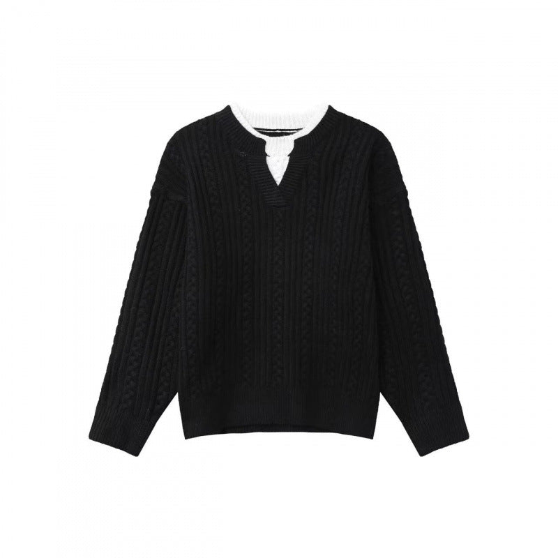 Damen Grobgestrickter Zopfmuster-Pullover mit V‑Ausschnitt und Lagen‑Optik Nord Taschen