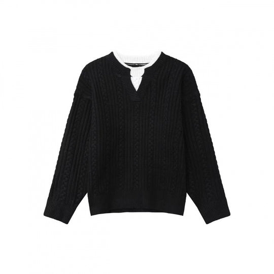 Damen Grobgestrickter Zopfmuster-Pullover mit V‑Ausschnitt und Lagen‑Optik Nord Taschen