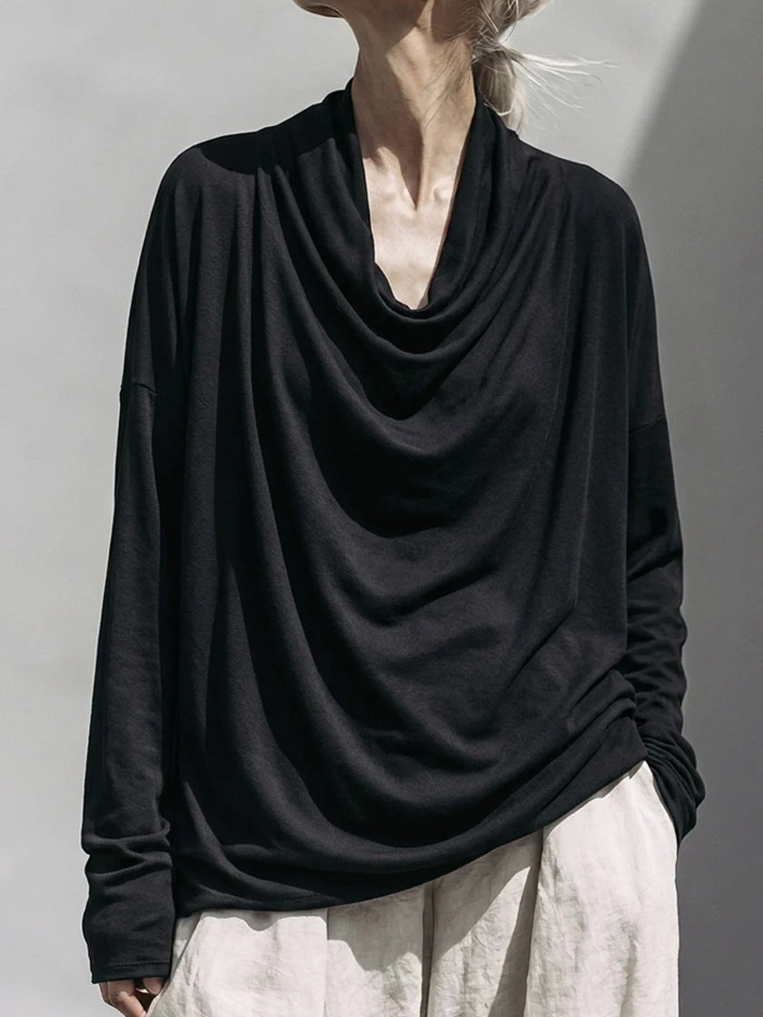 Damen Drapiertes Oversize-Langarmshirt mit Wasserfallkragen Nord Taschen