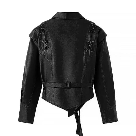 Damen Taillierter Kunstleder-Blazer mit Wickelgürtel und Schnürungen an den Schultern Nord Taschen
