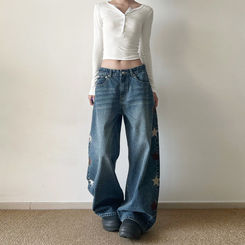 Damen Extraweite Baggy-Jeans mit Stern‑Applikationen und bodenlanger Silhouette Nord Taschen
