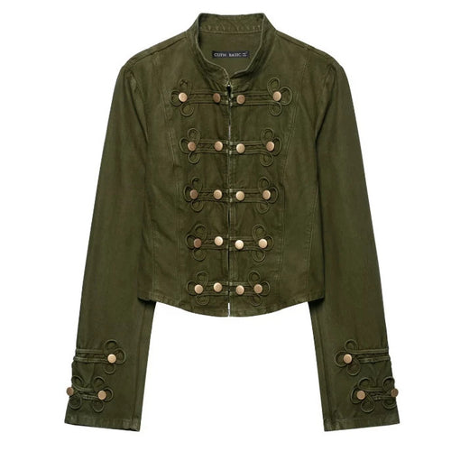 Damen Taillierte Cropped‑Militärjacke mit Zierknopfleiste und Stehkragen Nord Taschen