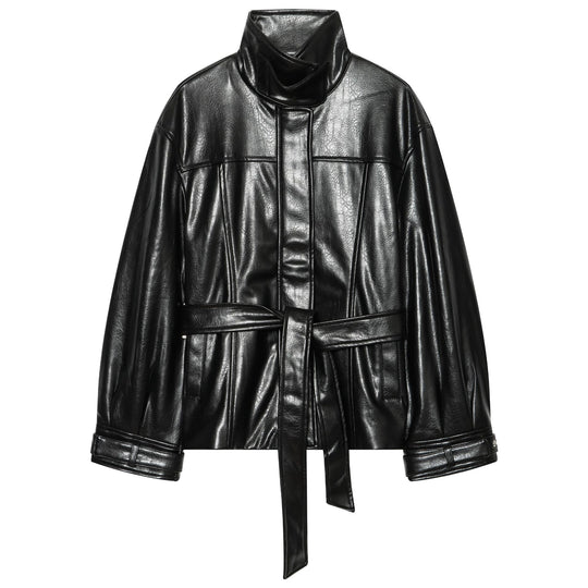 Damen Glänzende Kunstleder‑Blousonjacke mit hohem Funnelkragen und Taillengürtel Nord Taschen