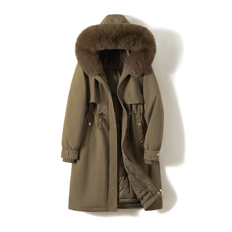 Damen nan langer wasserabweisender Parka mit voluminöser Kunstfellkapuze, taillierbarem Tunnelzug und gesteppter Thermo-Innenjacke Nord Taschen