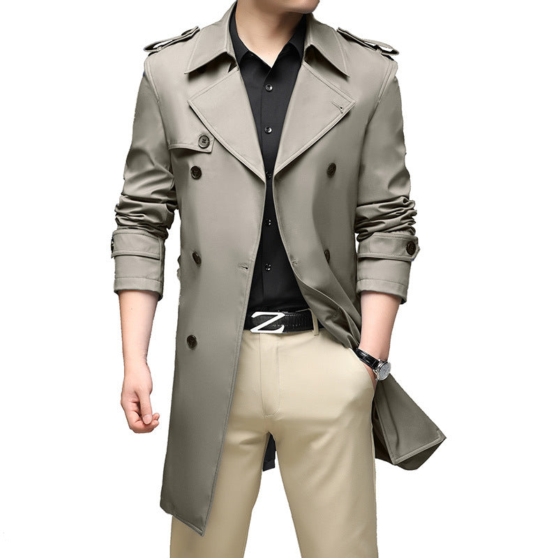 Herren Langer Slim-Fit Doppelreihiger Trenchcoat mit Epauletten und Taillengürtel Nord Taschen