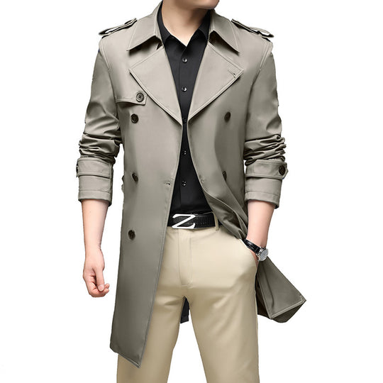 Herren Langer Slim-Fit Doppelreihiger Trenchcoat mit Epauletten und Taillengürtel Nord Taschen