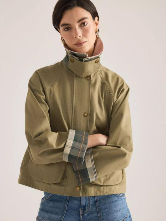 Damen Übergangsjacke mit Cordkragen, Karo-Innenmanschetten und aufgesetzten Taschen Nord Taschen