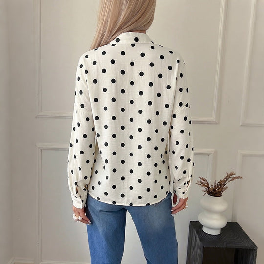 Damen gepunktete Viskose-Bluse mit Stehkragen und Perlmuttknöpfen Nord Taschen