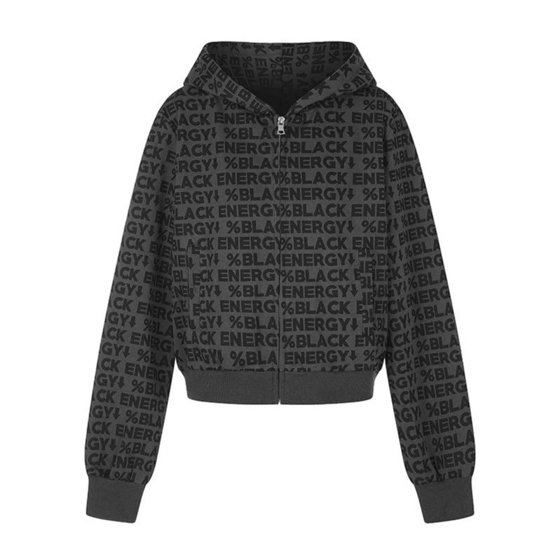 Damen kurze Zip-Kapuzenjacke mit Allover-Logoprint und elastischem Rippenbund Nord Taschen