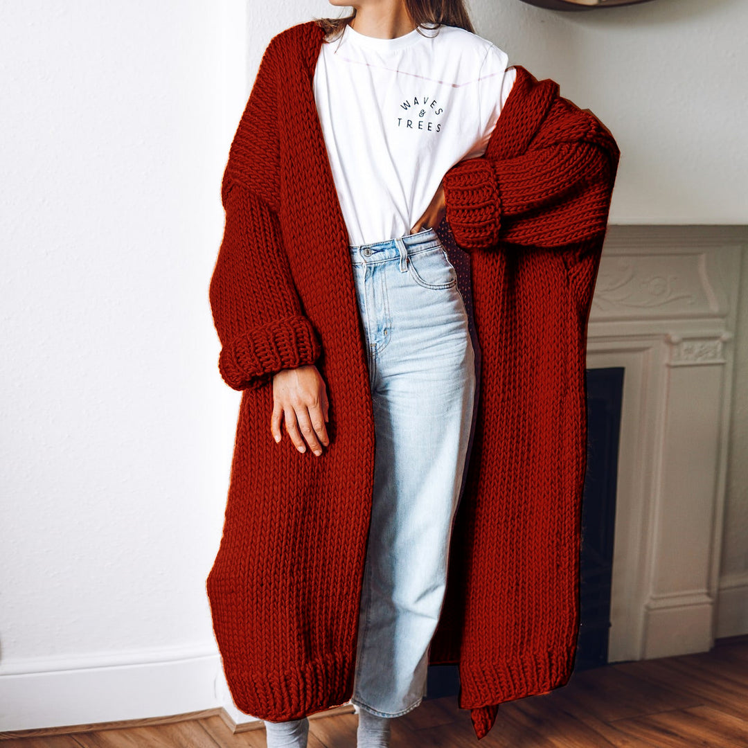Damen Oversize Maxi Grobstrick-Cardigan mit offener Front und voluminösen Ärmeln Nord Taschen