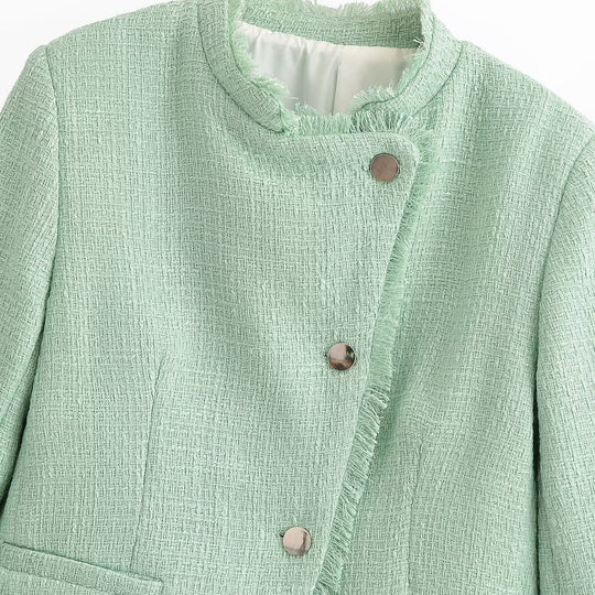 Damen Cropped Bouclé-Blazer mit Fransenabschluss, Stehkragen und Paspeltaschen Nord Taschen