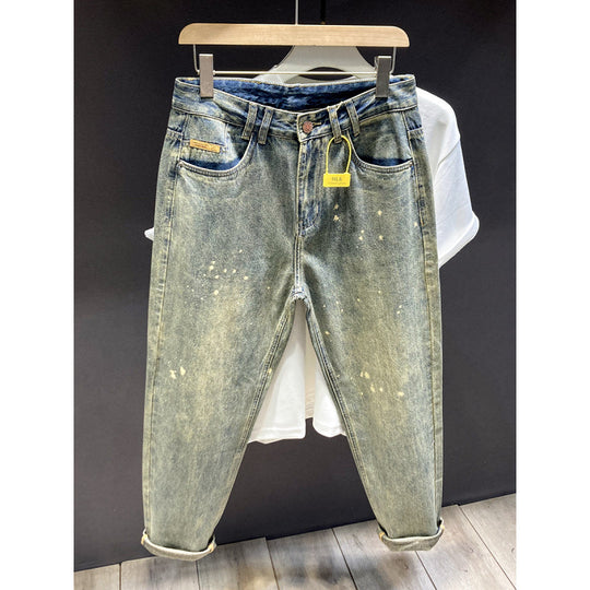 Herren Relaxed-Tapered Vintage-Jeans mit Paint‑Splatter, hohem Bund und umgeschlagenem Saum Nord Taschen